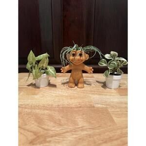 Vintage Troll Doll with Faux Plant Hair and Two Small Potted Faux Plants